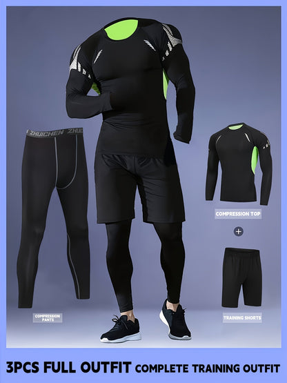 Men's 3-Piece Quick-Dry Compression Sports Suit | Gym, Running & Outdoor Activewear