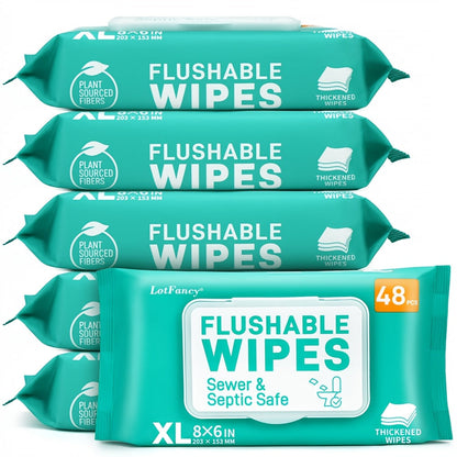 Flushable Wet Wipes Extra Large Thickened – 144 or 288 Count (3-Pack or 6-Pack x 48ct), Alcohol-Free, Plant-Based, Septic & Sewer Safe, Sensitive Skin & Baby Safe