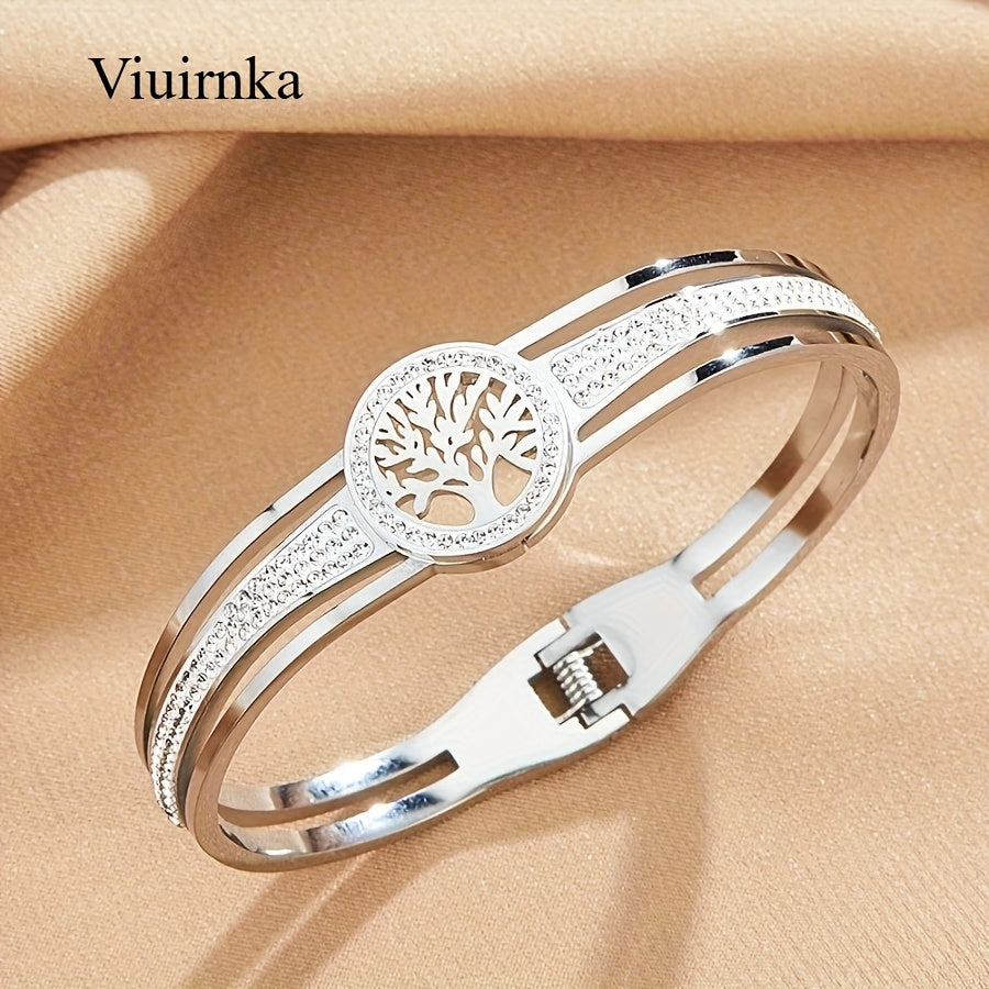 Tree of Life Charm Bangle Bracelet for Women – Stainless Steel Hypoallergenic Cuff, Symbolic Gift for Her, Comes with Gift Box, Steel & Gold Tone