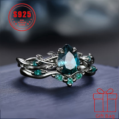 925 Sterling Silver Gothic Black Ring with Synthetic Jadeite Grape Pear Design for Women – Elegant Birthstone Holiday Ring with Gift Bag, Sizes 6-10, Unique Christmas Party Jewelry Gift
