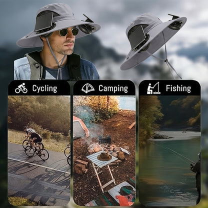 Solar Powered Cooling Fan Wide Brim Sun Hat – 2 Built-In Solar Fans, Adjustable Wind Speed, Breathable Mesh, UV Protection Outdoor Hat with Chin Strap for Fishing, Camping & Travel