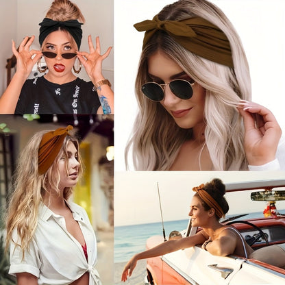 4-Pack Wide Rabbit Ear Bow Headbands for Women – Non-Slip Elastic Satin Sports Yoga Gym Hair Wrap, Soft Thick Turban Hairband Gift Set