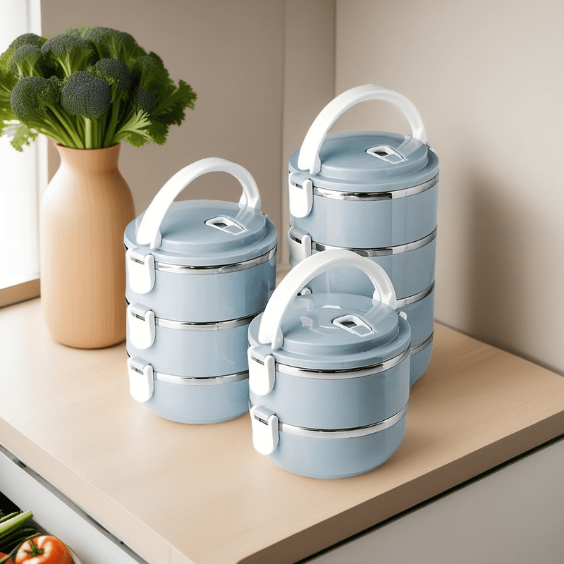 Stainless Steel Insulated Lunch Box Set 2/3/4 Layer – Stackable Bento Box with Lid, 47oz Leakproof Cylindrical Food Container for Office, School, Camping, Picnic & Outdoor Use