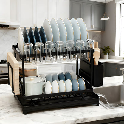 Two-Tier Dish Drying Rack with Drainboard – Metal Kitchen Dish Drainer for Counter, 2-Level Dish Holder for Plates, Cups, Bowls & Utensils, Black Gray White, Standard & Plus Size