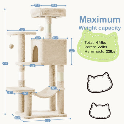 44-Inch Cat Tree Tower for Indoor Cats with Condo, Hammock & Natural Sisal Scratching Posts – Multi-Level Cat Furniture with Perches & Pet House for Multiple Cats, 5 Colors