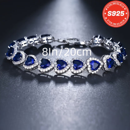 S925 Sterling Silver Blue Heart-Shaped Full Moissanite Bracelet for Women – Elegant Luxury Style, Perfect Gift for Sisters, Mothers, Anniversary, Valentine's Day & Christmas