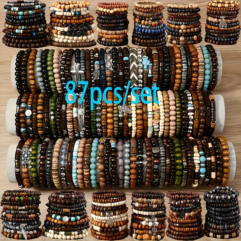 Boho Wood Beaded Bracelet Set – Stackable Elastic Bracelets with Turtle, Cross, Leaf & Feather Charms, Mixed Colors, Choose 12, 24, 47 or 87 Pcs – Perfect for Daily Wear & Gifting
