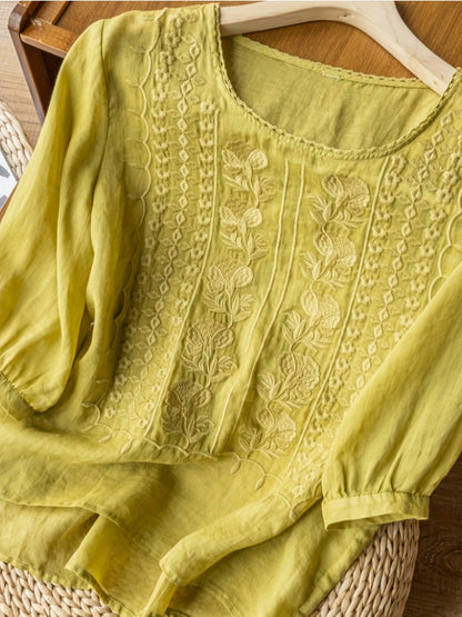 Women's Embroidered Floral T-Shirt Casual Short Sleeve Crew Neck Soft Cotton Tee 4 Colors White Green Yellow Khaki S-XXL