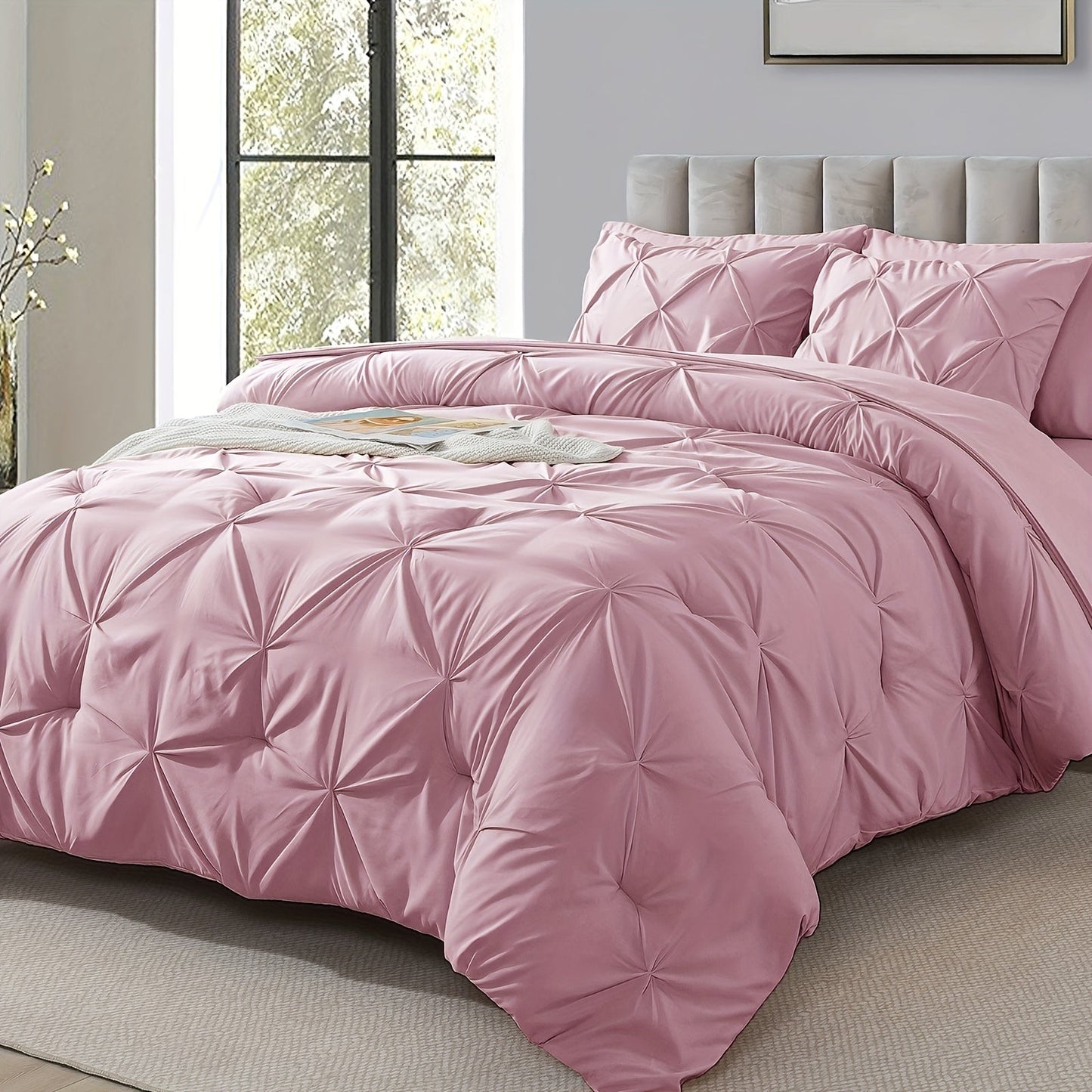 Comforter Set 7 Piece Queen King Full - Soft Microfiber Pintuck Pleated Bed in a Bag Complete Bedding Set with Comforter, Fitted Sheet, Flat Sheet & Pillowcases, All Season Home & Dorm Bedding