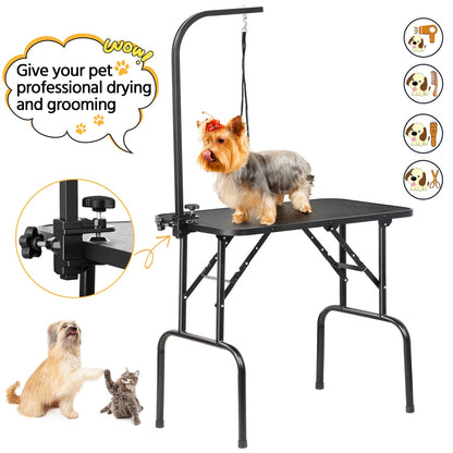 Foldable Pet Grooming Table for Dogs & Cats, Height-Adjustable Arm with Non-Slip Waterproof Surface & Folding Legs, Portable Home & Professional Pet Beauty Station