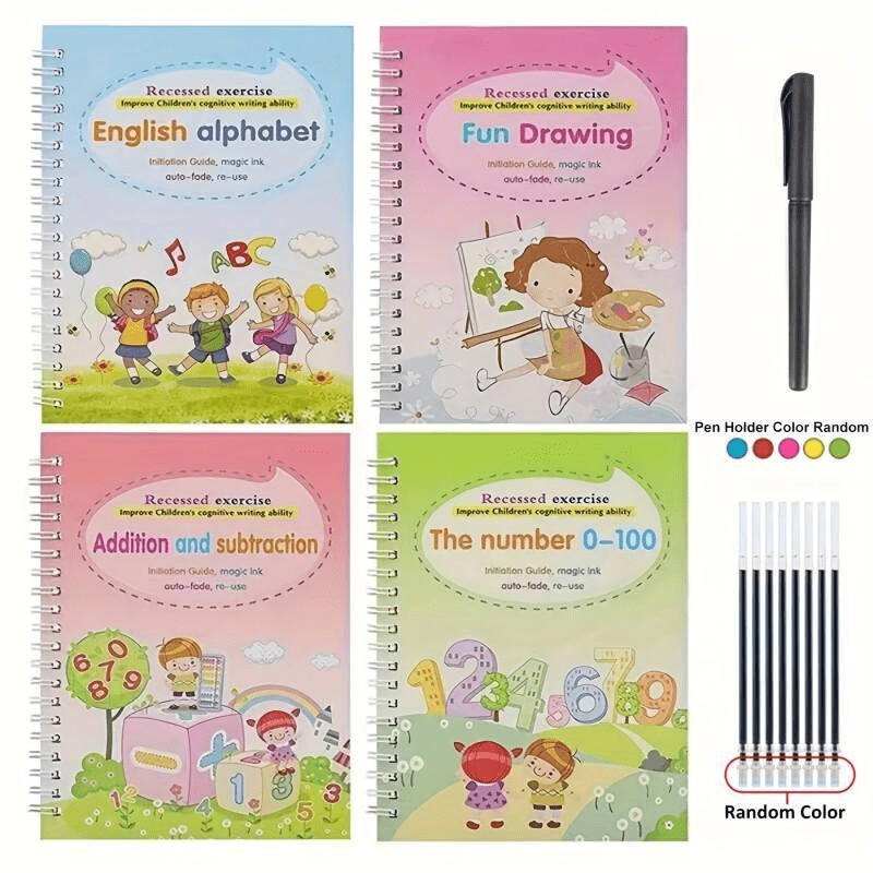 Magic Reusable Calligraphy Handwriting Exercise Books 4-Pack with Pen and 8 Refills Kids Writing Practice Tracing Books Reusable Water Writing Set Christmas Gift for Children