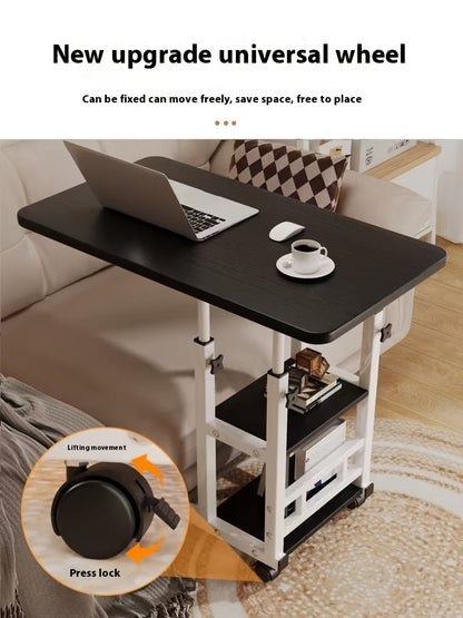 Height Adjustable Rolling Laptop Table with 4 Wheels & Dual Shelves – Mobile Workstation Desk for Bedside Dorm Office Living Room, Sturdy Steel Frame Space-Saving Design
