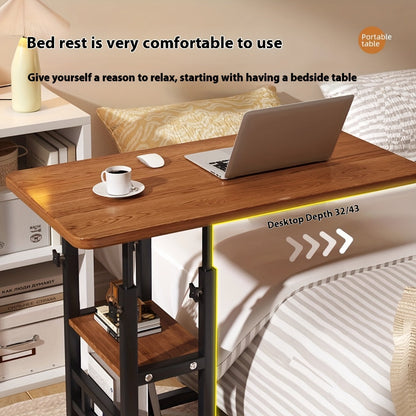 Height Adjustable Rolling Laptop Table with 4 Wheels & Dual Shelves – Mobile Workstation Desk for Bedside Dorm Office Living Room, Sturdy Steel Frame Space-Saving Design