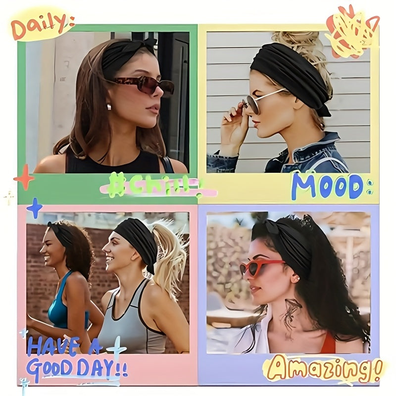 4-Pack Wide Rabbit Ear Bow Headbands for Women – Non-Slip Elastic Satin Sports Yoga Gym Hair Wrap, Soft Thick Turban Hairband Gift Set