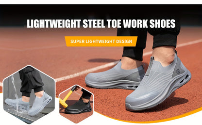 Steel Toe Work Shoes for Men Slip-On Lightweight Safety Sneakers Puncture-Resistant Non-Slip Loafers Black Grey Blue Sizes US 5.5-14