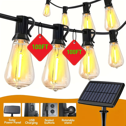 Solar LED String Lights Outdoor Waterproof 50FT & 100FT – ST38 Shatterproof Dimmable Bulbs, USB-C & Solar Powered, 4 Modes, for Patio Yard Pool Garden Wedding Camping Christmas Decor