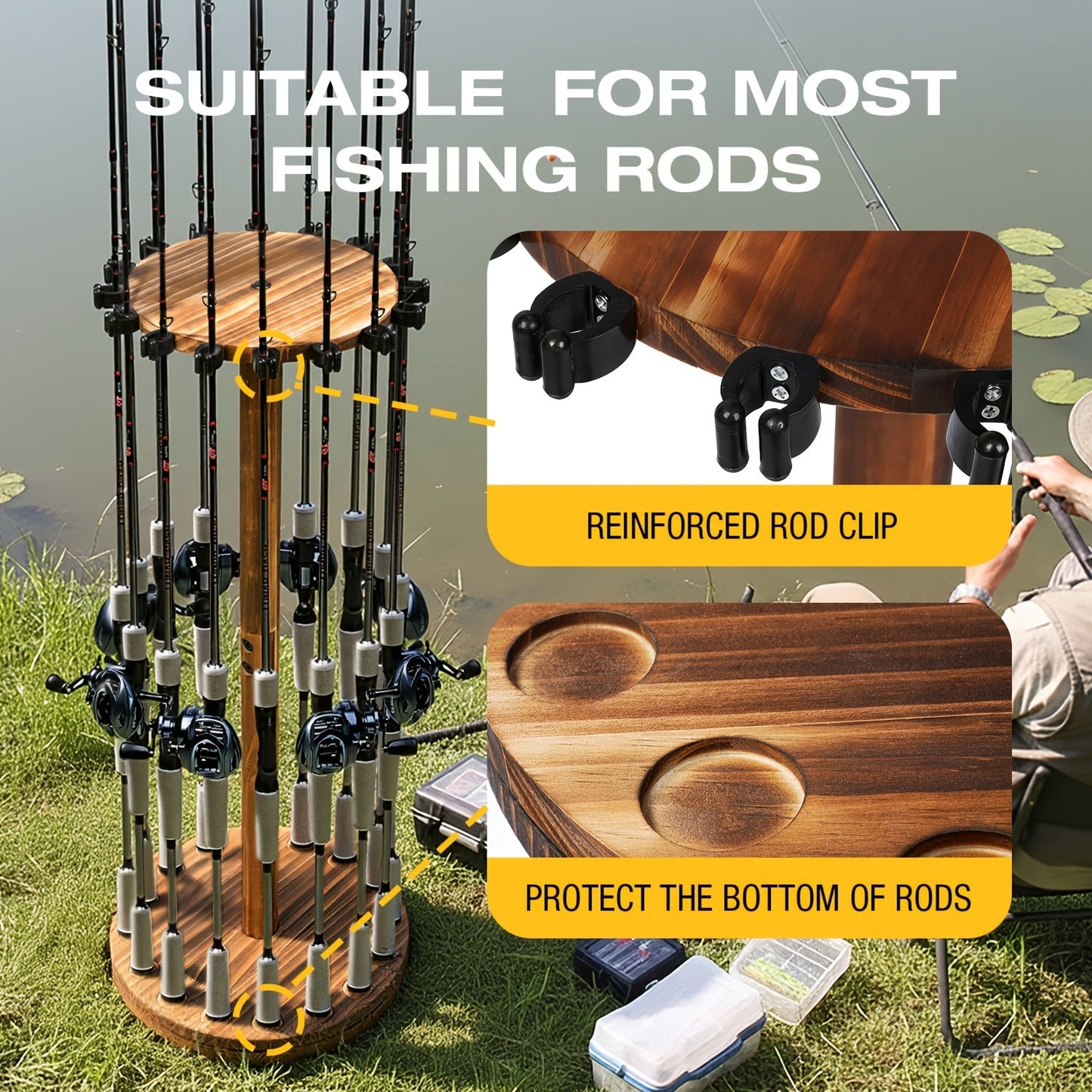 Circular Wooden Fishing Rod Rack Holds 16 Rods Space-Saving Fishing Pole Organizer for Garage Shed Man Cave – 360° Rotating & Fixed Options, Sturdy Wood Construction, Fisherman Gift
