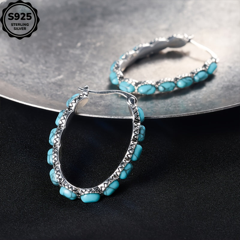925 Sterling Silver Turquoise Stud Earrings – Bohemian Retro Hypoallergenic Earrings for Women, Charming Gemstone Studs for Daily Wear, Gift for Ladies – Mother's Day, Valentine's Day, Birthday & Anniversary