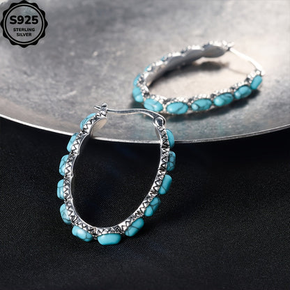 925 Sterling Silver Turquoise Stud Earrings – Bohemian Retro Hypoallergenic Earrings for Women, Charming Gemstone Studs for Daily Wear, Gift for Ladies – Mother's Day, Valentine's Day, Birthday & Anniversary