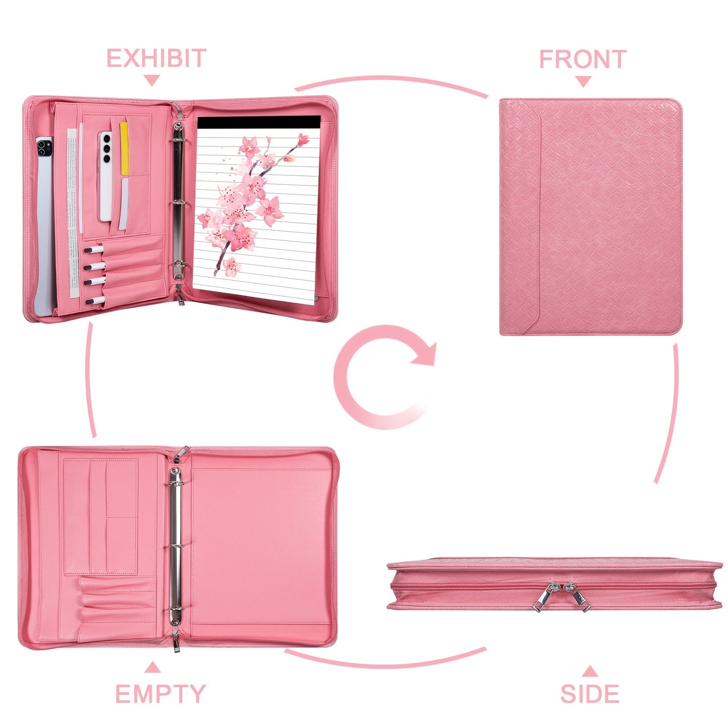 Vegan Leather Portfolio Binder 3-Ring Zipper A4 Legal Laptop Pocket Work Organizer for Women Men