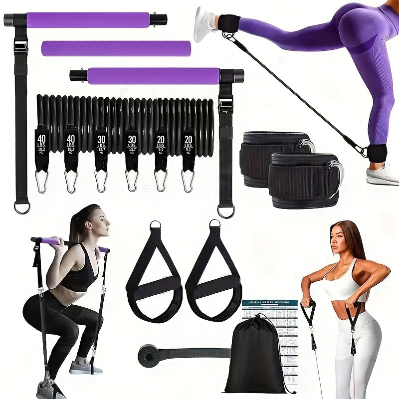 14pcs Pilates Stick Set with Resistance Bands & Fitness Pedal Puller, Multifunctional Home Workout Equipment for Yoga, Pilates, Stretch Training, Full Body Exercise Kit - Pink, Black, Purple