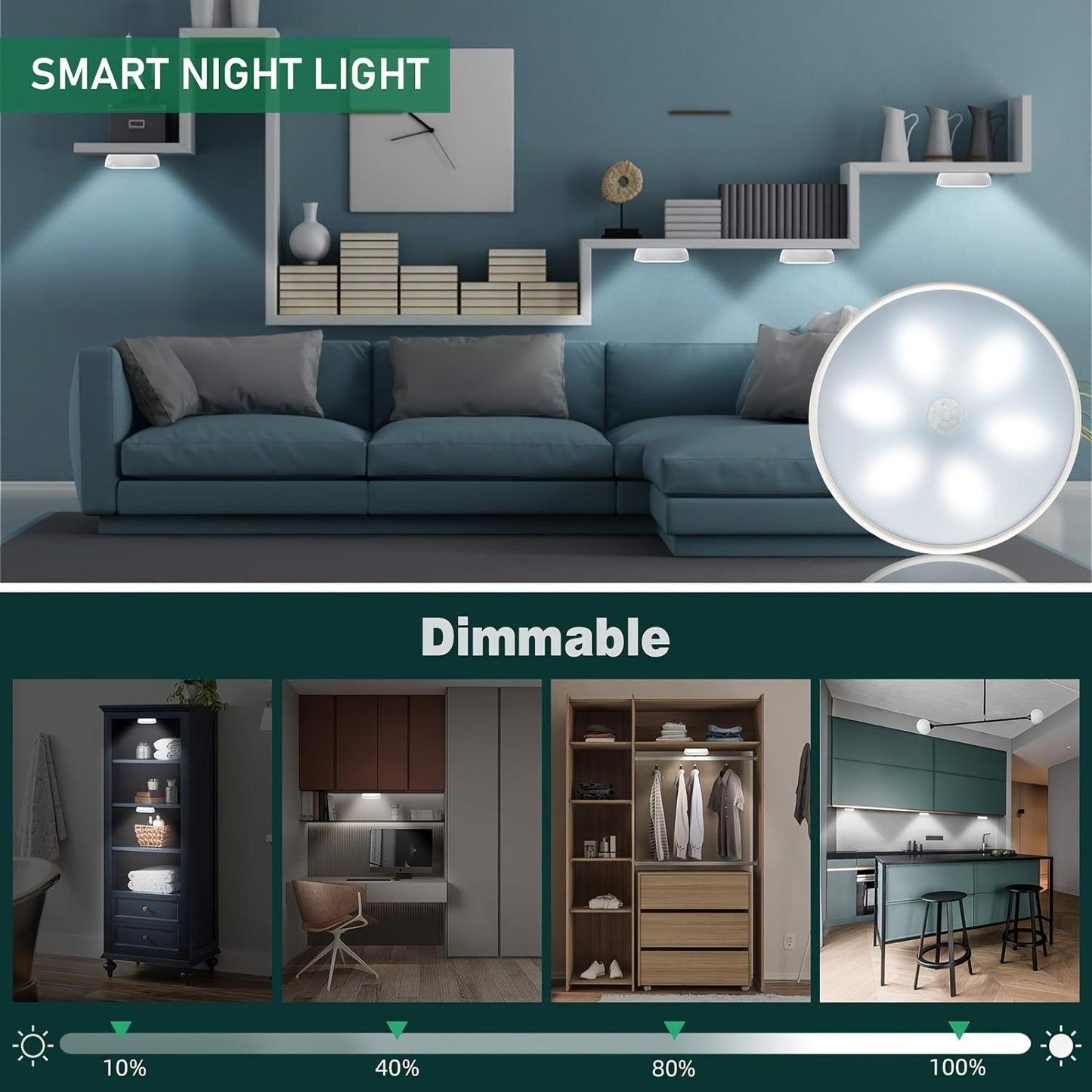 LED Motion Sensor Night Lights USB Rechargeable Wireless Wall Lamp Dual Mode Adjustable Brightness Magnetic Mount Under Cabinet Lighting for Kitchen Hallway Stairs Closet 6 or 12 Pack