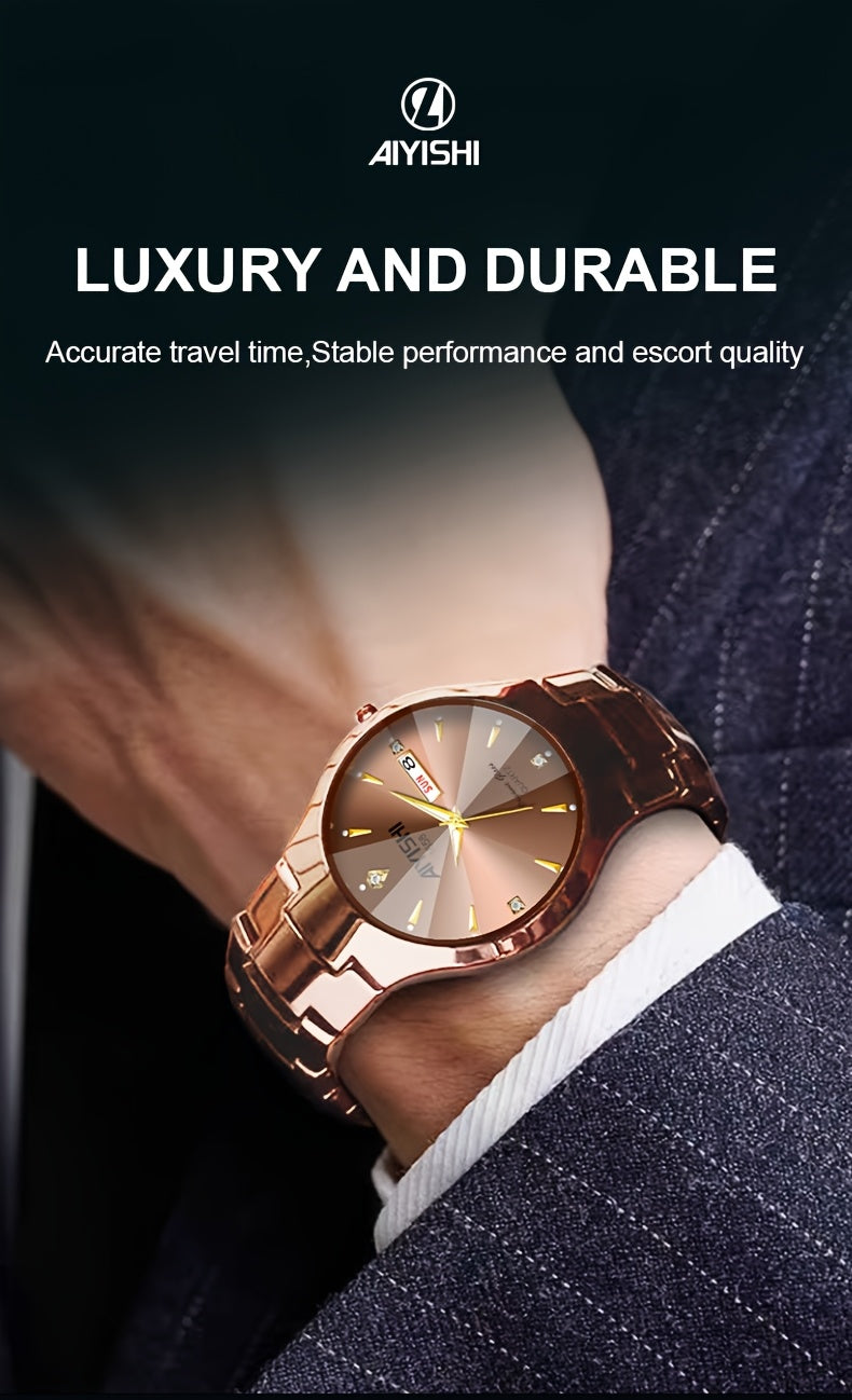 Men's Luxury Quartz Wristwatch with Double Calendar and Luminous Hands – Elegant Business Stainless Steel Watch for Men, Classic Gold Black White Dial, Perfect Gift for Him Birthday Anniversary