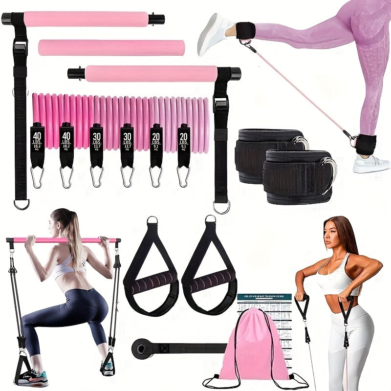 14pcs Pilates Stick Set with Resistance Bands & Fitness Pedal Puller, Multifunctional Home Workout Equipment for Yoga, Pilates, Stretch Training, Full Body Exercise Kit - Pink, Black, Purple