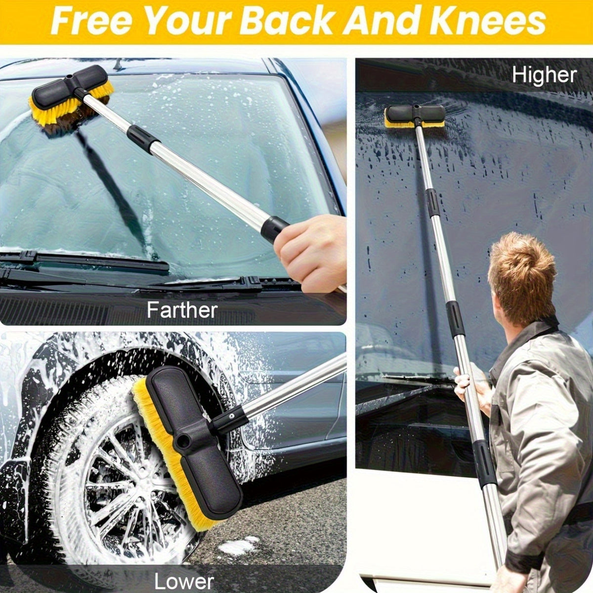 69 Inch Car Wash Brush with Long Handle 8-Piece Car Wash Kit – Tire Brush Window Squeegee Chenille Microfiber Mitt Detailing Brushes for Car Truck SUV RV – Extendable Car Cleaning Supplies