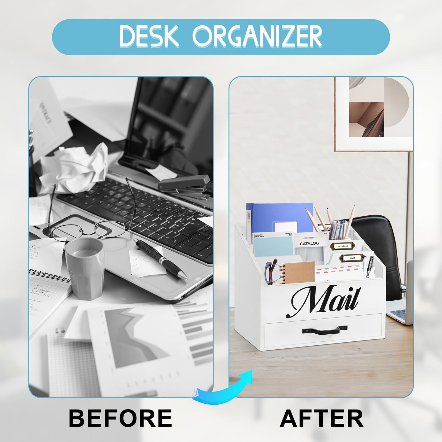 Large Solid Wood Desktop Mail Organizer with Drawer and 4 Compartments Labelable Dividers for Files Letters Paper Folders Desk Organizer for Home Office Students and Professionals