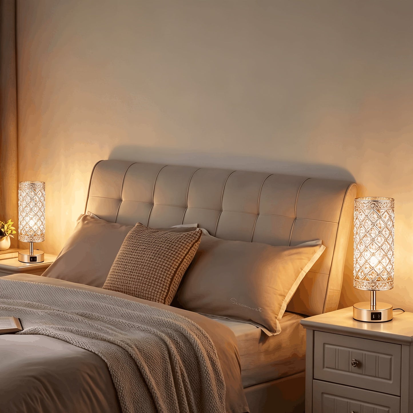 Crystal Touch Table Lamp 3-Way Dimmable with 2 USB Charging Ports LED Bulb Included Decorative Bedside Nightstand Light for Bedroom Living Room Office – Antique Bronze Rose Gold Silver