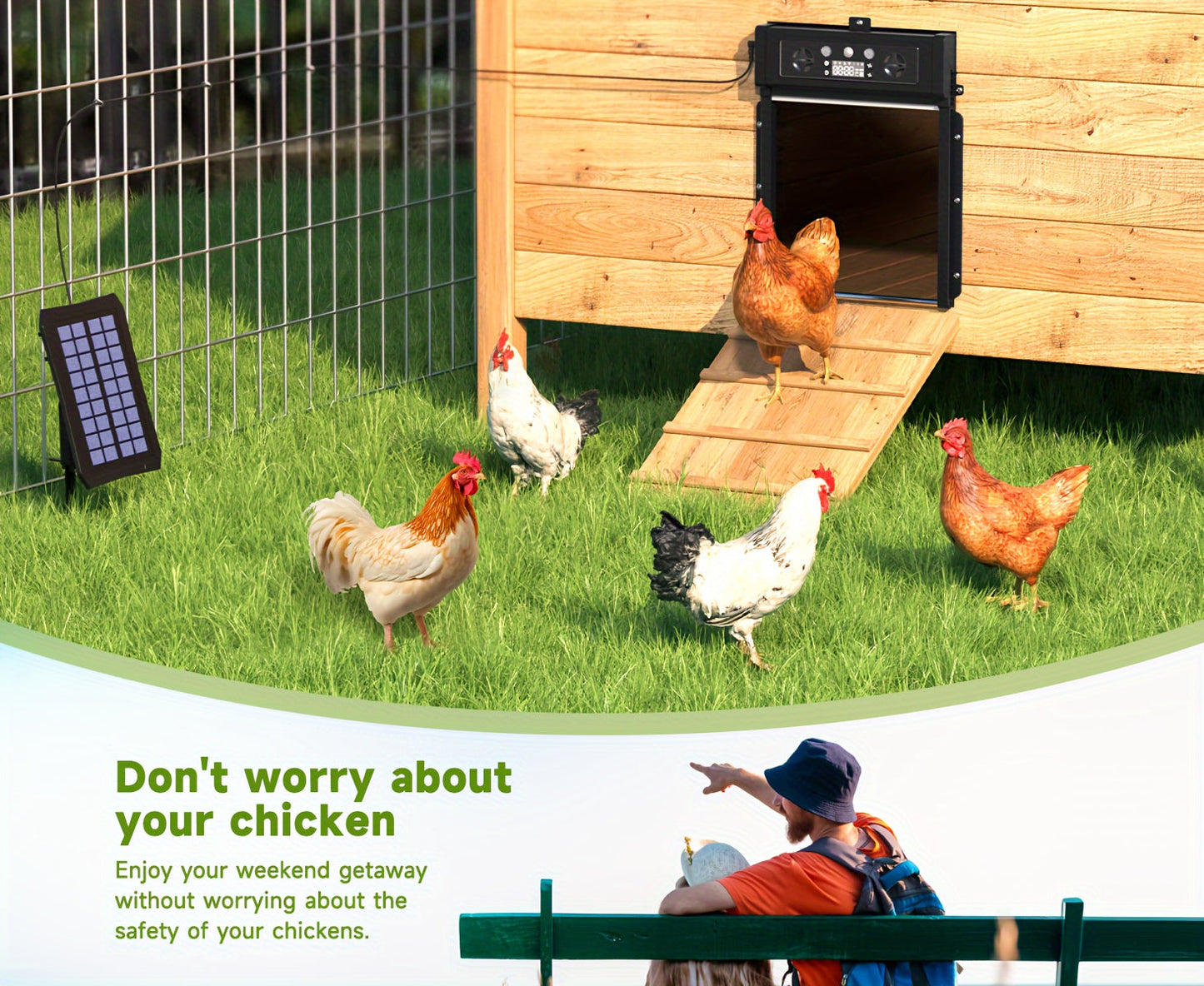 Automatic Chicken Coop Door Solar Powered with Timer & Light Sensor – Aluminum Alloy Anti-Pinch Design with 4000mAh Battery Solar Panel & Remote Control for Poultry Management