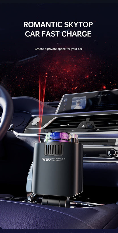3-in-1 Car Charger Air Freshener & Starry Sky Ceiling Light – Dual Retractable Type-C & Lightning Cable 80cm, Aromatherapy Diffuser for iPhone 16/15 Samsung S25/S24, Car Interior Upgrade Gift