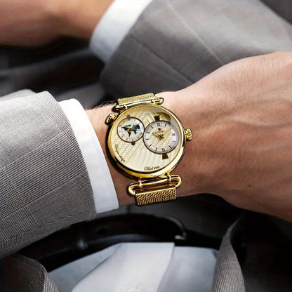 Men's Classic Vintage Quartz Watch for Business – Elegant Golden Dial Dress Wristwatch with Gift Box, Analog Timepiece for Work, Formal & Special Occasions