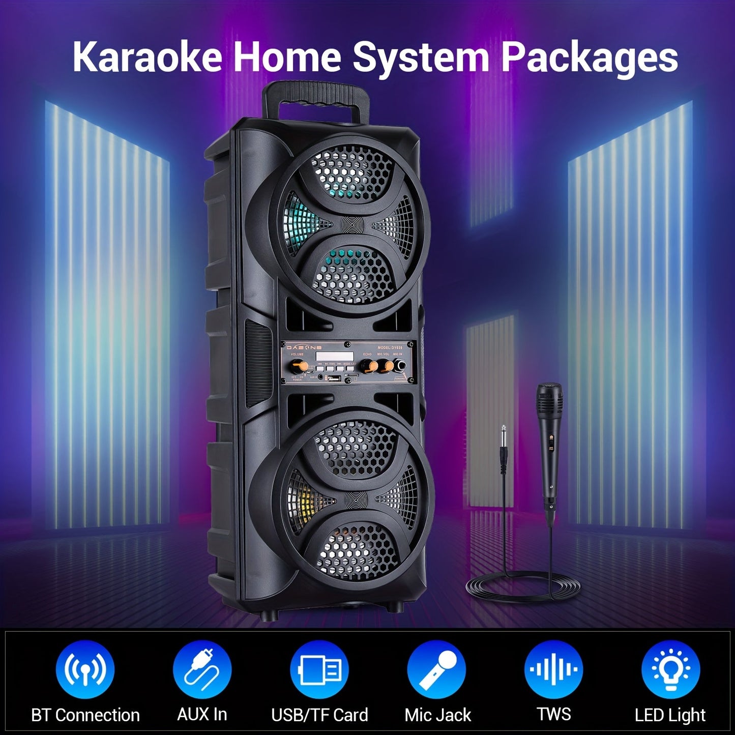 3000W Portable Bluetooth Party Speaker – Double 6.5'' Subwoofer Stereo Sound, LED Colorful Lights, FM Radio, Microphone Included, TF/USB/AUX Support, Outdoor & Home Party Speaker – Black
