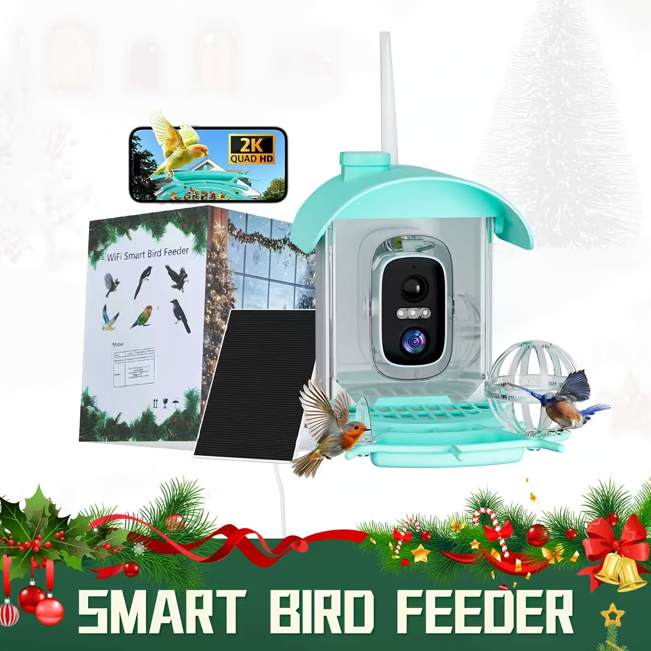 AI Smart Bird Feeder with Camera Solar Powered – 4MP 2K HD, Bird Species Identification, Motion Detection, Squirrel-Proof, IP66 Weatherproof, App Remote Monitoring, Gift for Bird Lovers