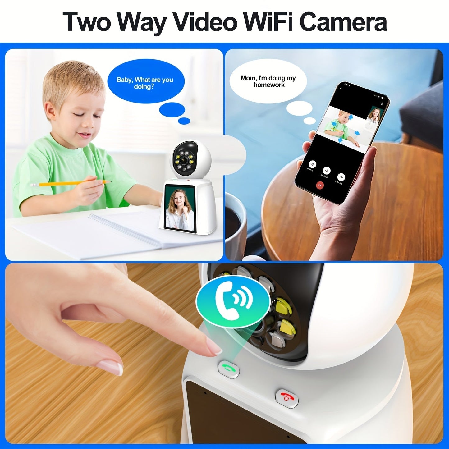 WiFi PTZ Indoor Camera with 3 Inch Built-In Screen 3MP HD Video Calling Two-Way Audio Color Night Vision AI Detection Pet Baby Elderly Monitor Home Security Camera App Control