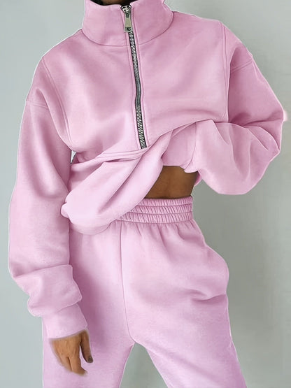 Women's Fleece Two-Piece Set – Sporty Street Casual Sweatshirt & Pants Outfit, Soft Cozy Matching Loungewear Set, 10 Colors, Sizes S-XXL, Everyday Athleisure Fashion