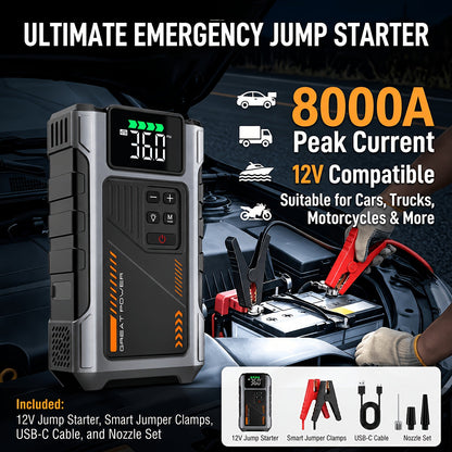 8000A Portable Jump Starter with Air Compressor – 12V Battery Booster for 8.0L Gas & 6.5L Diesel, USB Ports, LED Flashlight, Jump Box for Cars, Trucks & SUVs