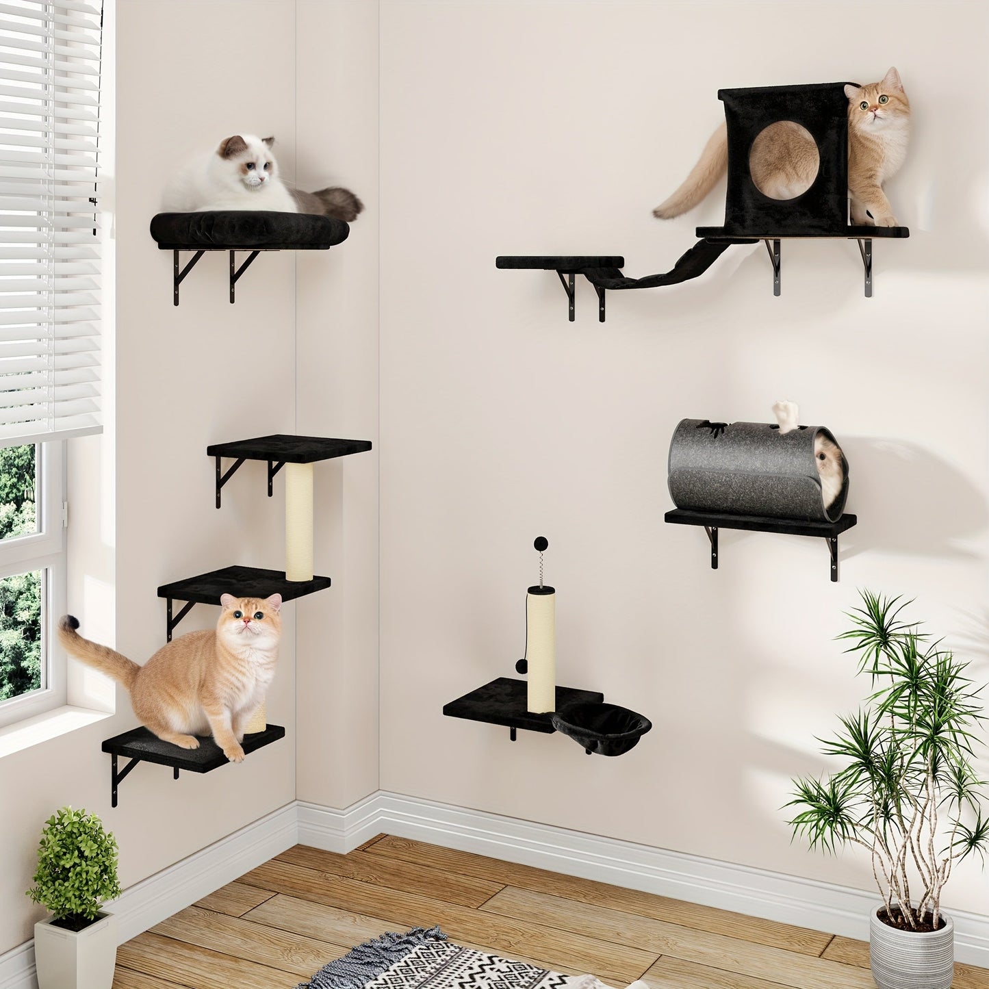 7-Piece Wall Mounted Cat Climbing Shelf Set – Deluxe Indoor Cat Furniture with Cat Condo, Wall Shelves, Scratching Post, Bridge Ladder & Tunnel, Space-Saving Cat Wall Playground for All Cat Sizes