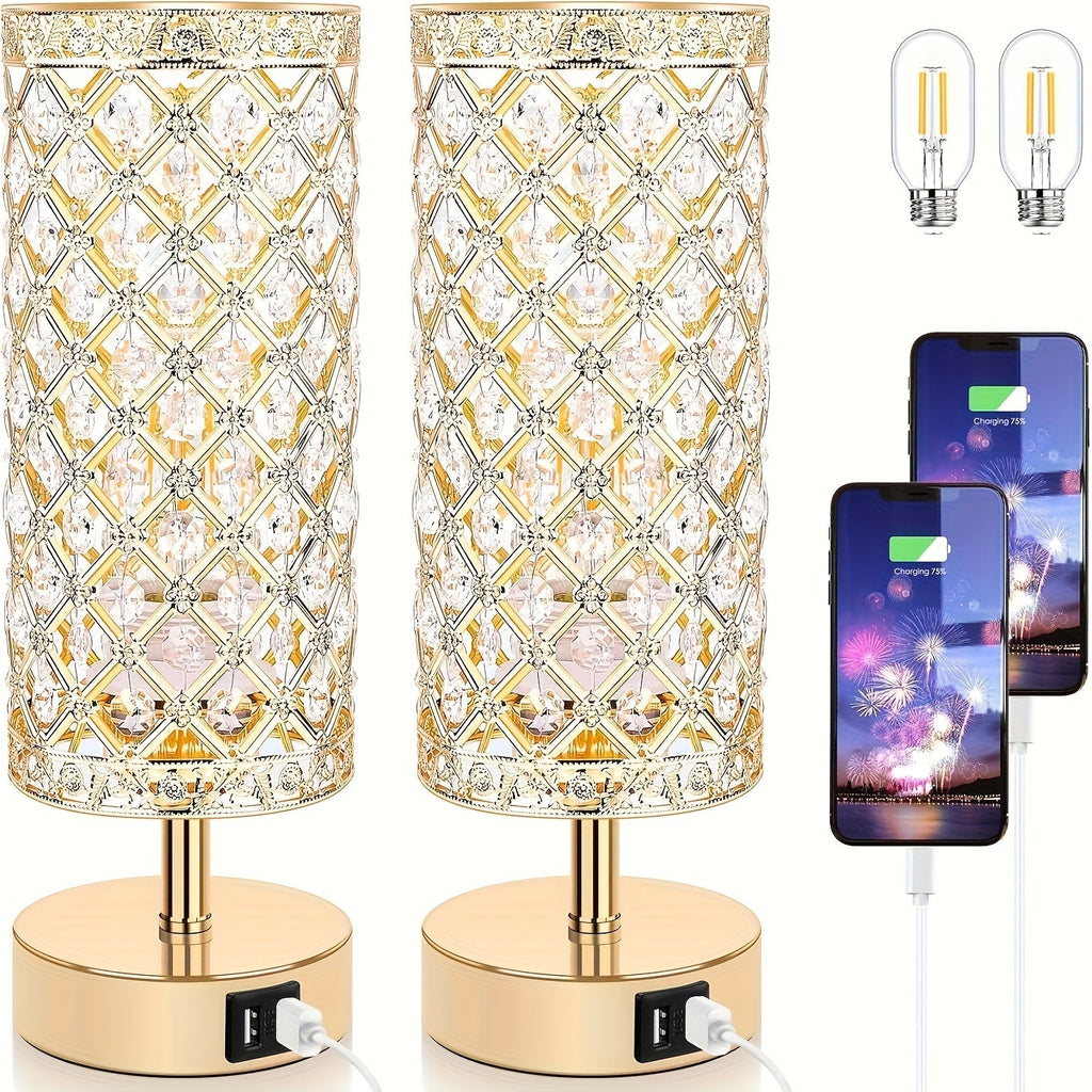 Crystal Touch Table Lamp 3-Way Dimmable with 2 USB Charging Ports LED Bulb Included Decorative Bedside Nightstand Light for Bedroom Living Room Office – Antique Bronze Rose Gold Silver