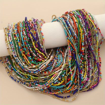 20pcs Boho Colorful Glass Bead Necklace and Elastic Waist Chain Set for Women Mixed Color Beach Bikini Body Jewelry for Party Vacation Festival