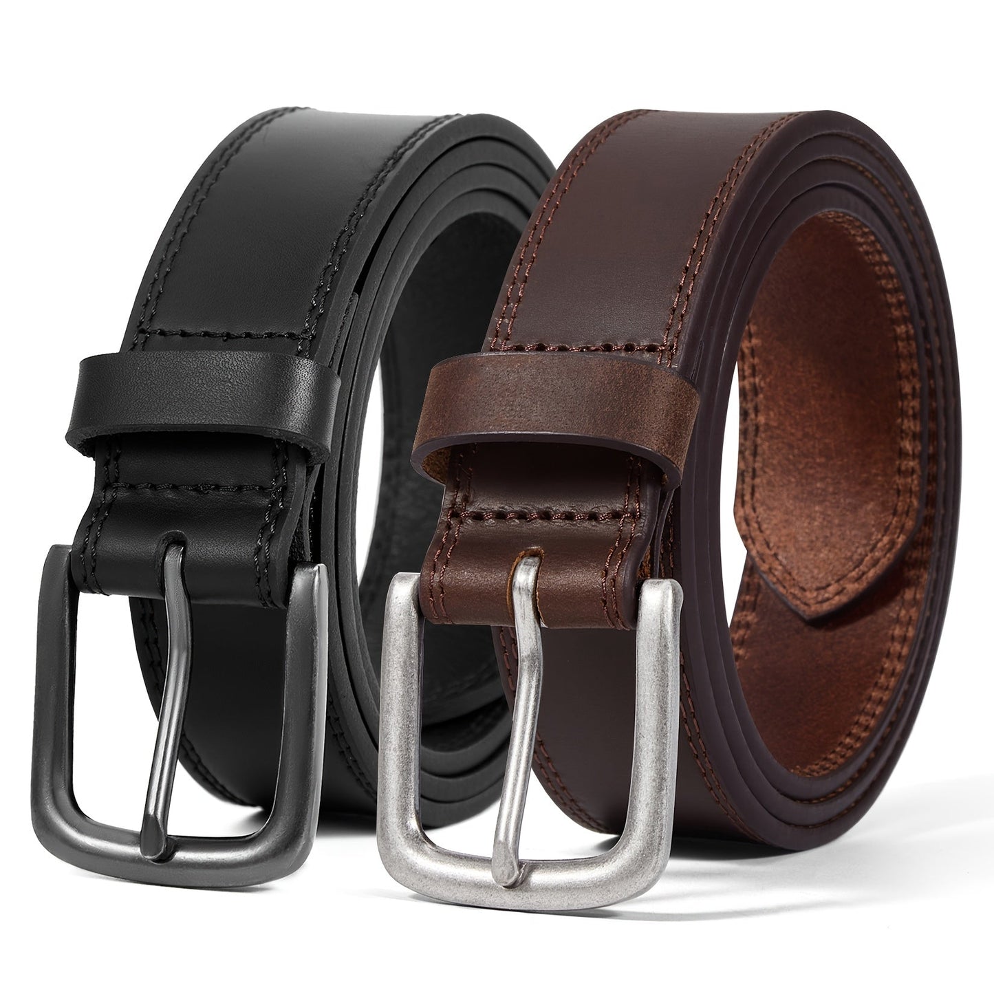 2-Pack Men's Genuine Leather Belts Gift Set – Handmade with Zinc Alloy Buckle, Sizes 30-50, Perfect for Daily Jeans, Father's Day, Christmas & Thanksgiving