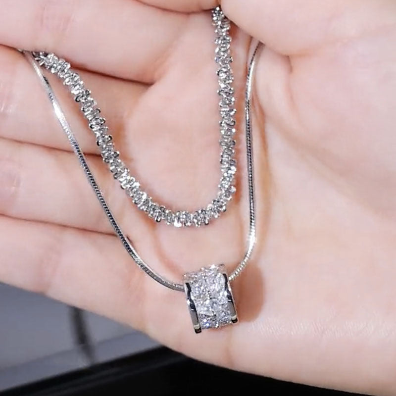 S925 Sterling Silver Double Layer Clavicle Chain Necklace for Women Elegant Cubic Zirconia Sweater Chain Minimalist Fashion Jewelry Daily Wear and Gift All Seasons