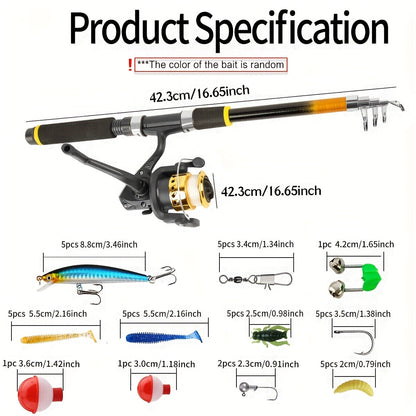Fishing Rod and Reel Combo Complete Beginner Kit – Medium Light Spinning Rod with Hard & Soft Baits, Ambidextrous Reel, Tackle Included, Full Starter Set for Adults & Kids