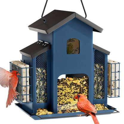Vintage Metal Wild Bird Feeder for Outside – Triple Feeders for Finch, Cardinal & Chickadee, Large Capacity Metal Mesh Design with Easy-Hang Chains & Window Cut-Outs, 7 Style Options