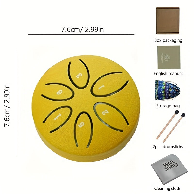 Mini Steel Tongue Drum 3 Inch 6-Tone – Beginner Handheld Carbon Steel Percussion Instrument, Includes Drumsticks, Sheet Music & Learning Guide, Perfect for Meditation, Gifts, Weddings & Holidays – Multiple Colors