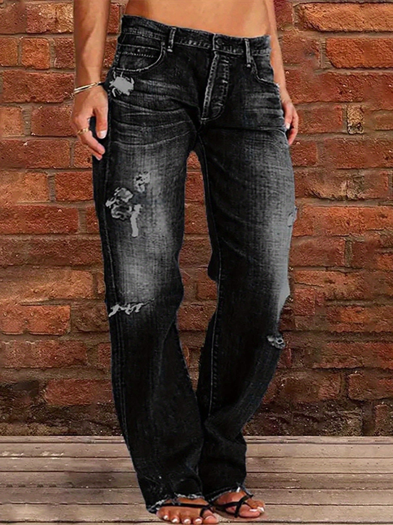 Women's Ripped Flare Wide Leg Jeans – Distressed Stretch Denim, Fashion Streetwear Casual Pants, Light Blue & Dark Blue, Sizes XS-XXL
