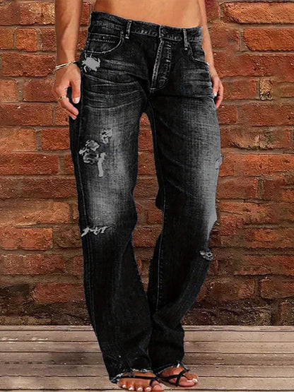 Women's Ripped Flare Wide Leg Jeans – Distressed Stretch Denim, Fashion Streetwear Casual Pants, Light Blue & Dark Blue, Sizes XS-XXL