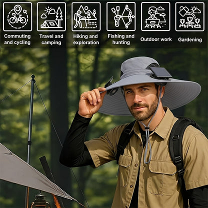 Solar Powered Cooling Fan Wide Brim Sun Hat – 2 Built-In Solar Fans, Adjustable Wind Speed, Breathable Mesh, UV Protection Outdoor Hat with Chin Strap for Fishing, Camping & Travel
